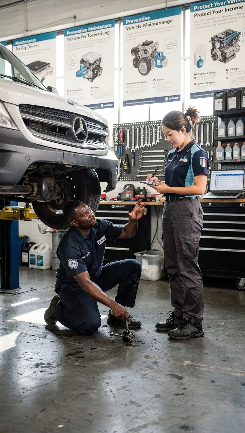Mechanic replacing brake pads on a busy courier vehicle in an urban auto shop.