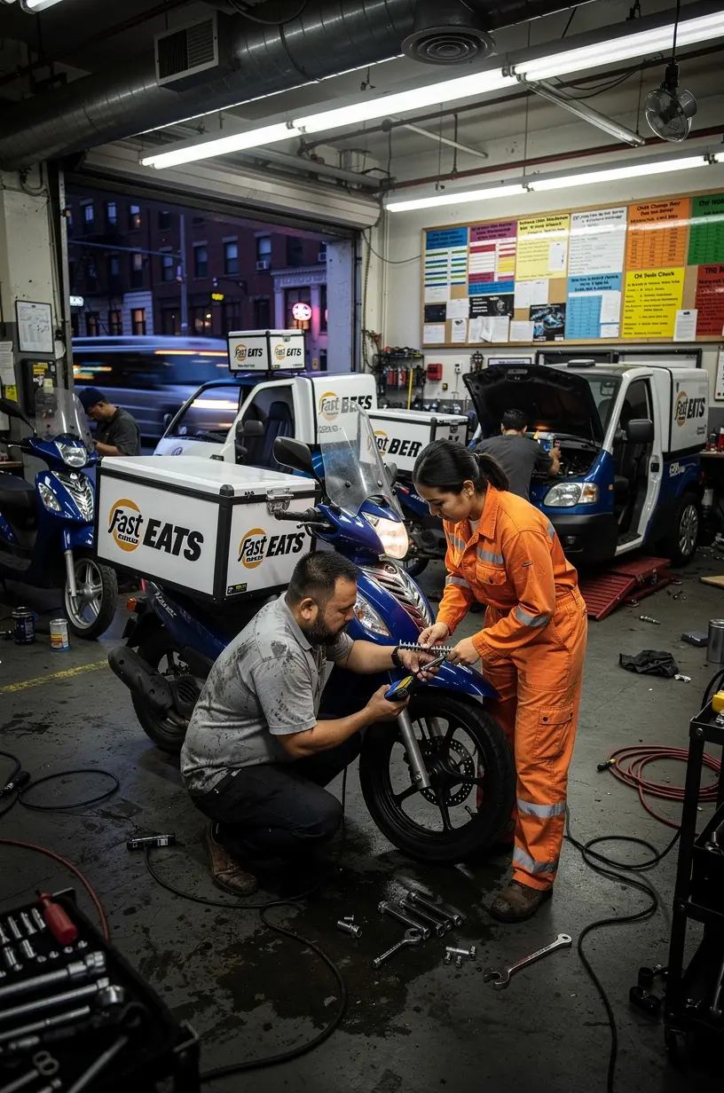 Delivery driver receiving maintenance tips from a certified auto technician at service counter.