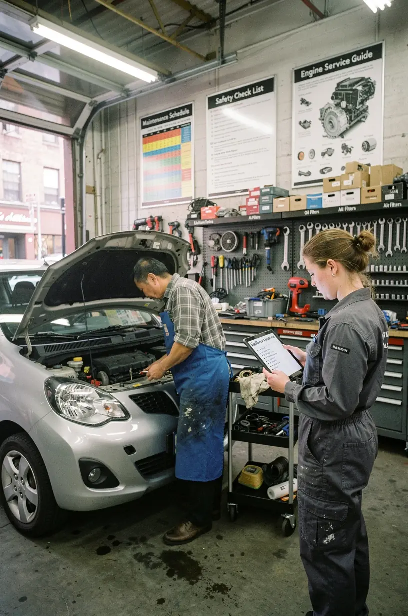 Automotive professional explaining preventive maintenance checklist to a food delivery driver.